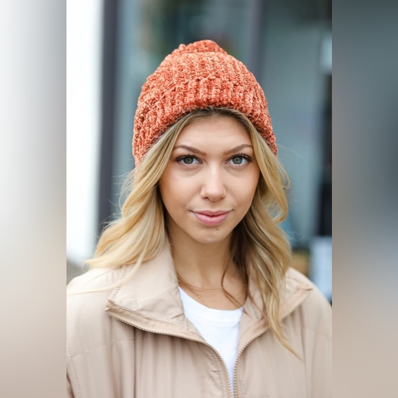 Rust Knit Velvet Chenille Fold Over Beanie - Picture 1 of 10